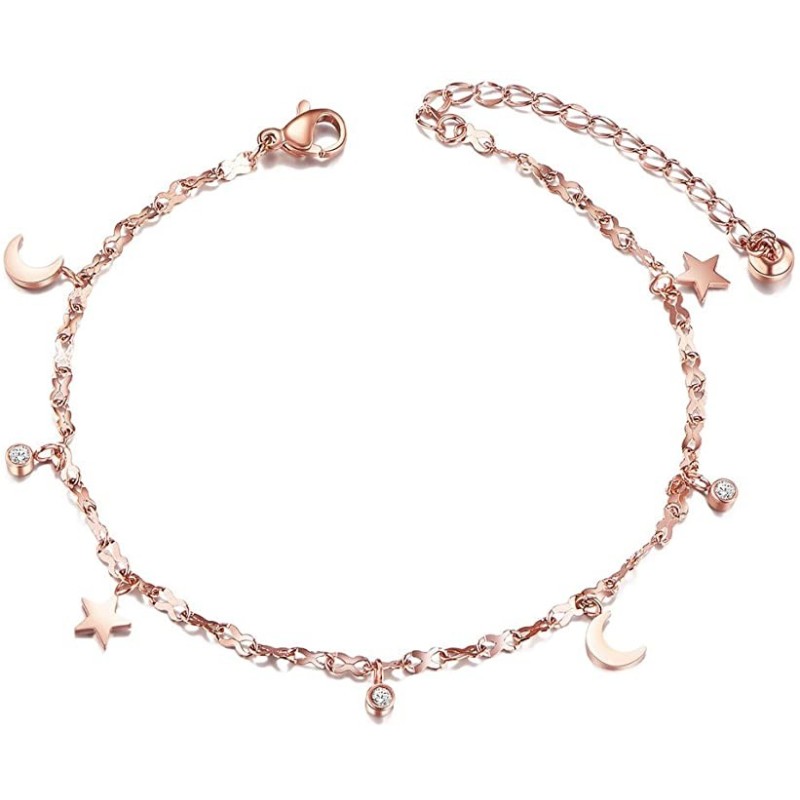 Moderne Måne & Stjerne Ankelkæde - Rosa Forgyld Titanium 