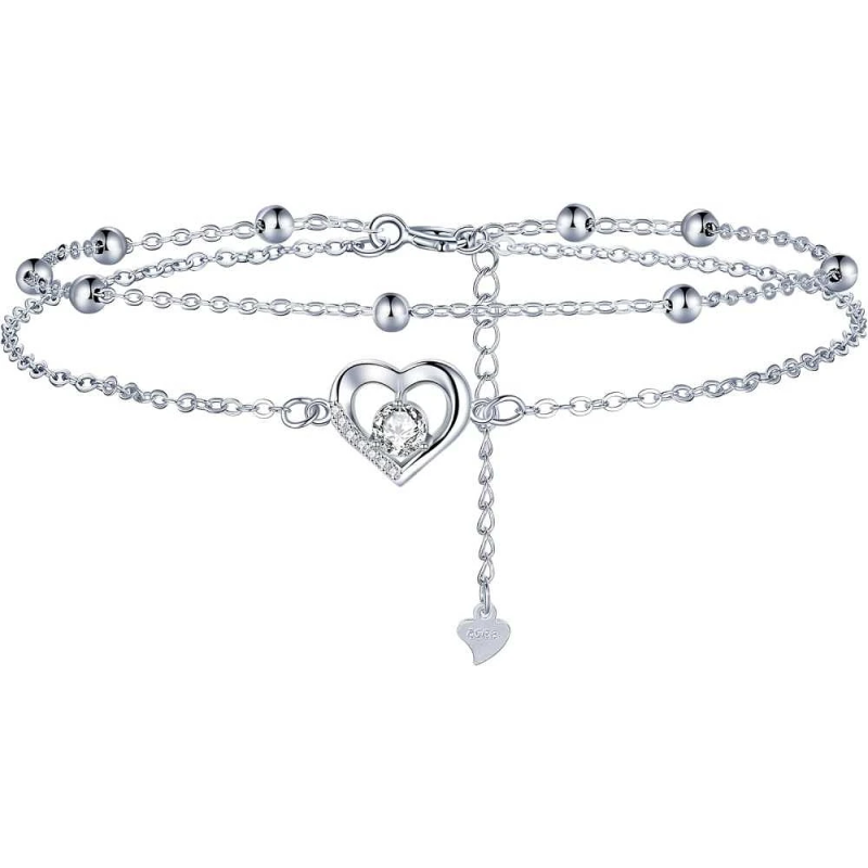 Romantisk Ankelkæde Med Hjerter – 925 Sterling Sølv – 22 + 4  cm