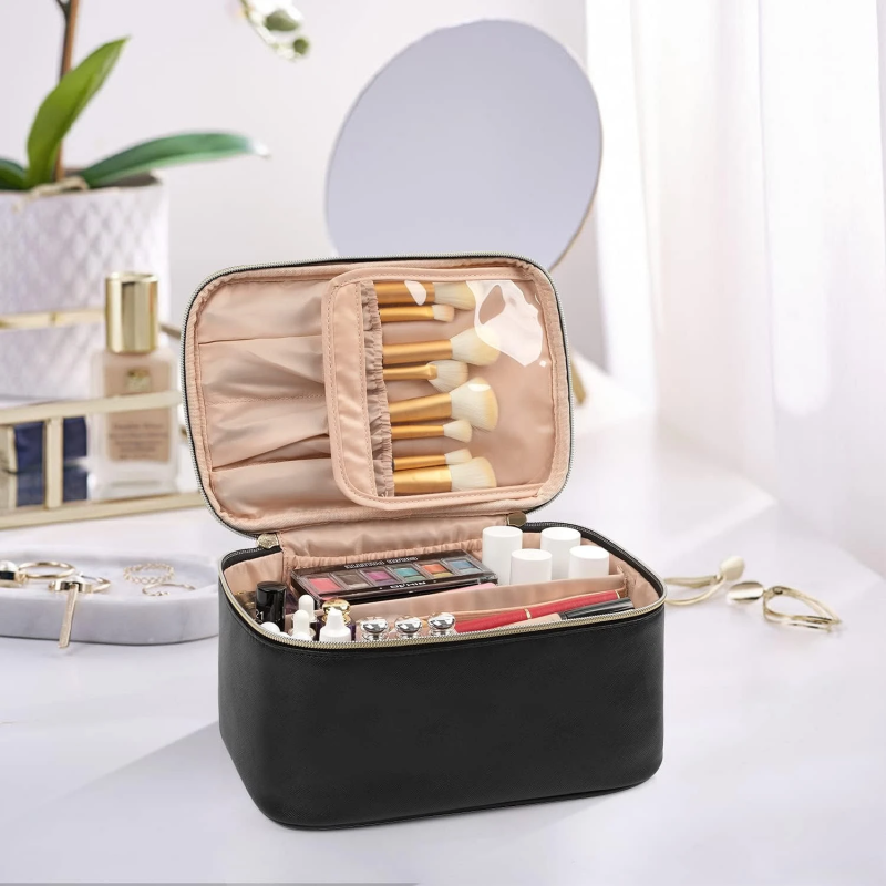 Elegant Tikki Rejse Makeuptaske - Stor Kapacitet med Rumdeler i Sort