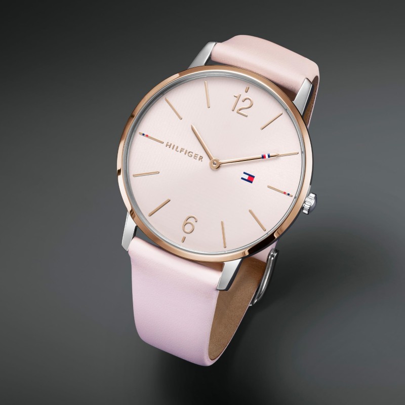 Tommy Hilfiger Damen-Analoguhr mit Quarzwerk - Rosa Lederarmband, Rosa Sonnenstrahl-Zifferblatt, 41mm Gehäuse, 3ATM Wasserbestän