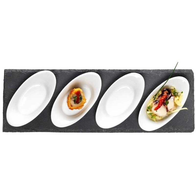 Tapas, Dip & Forrets Tallerkner – Hvidt Porcelæns Sæt I 10 Dele Inkl. Skifer Plader