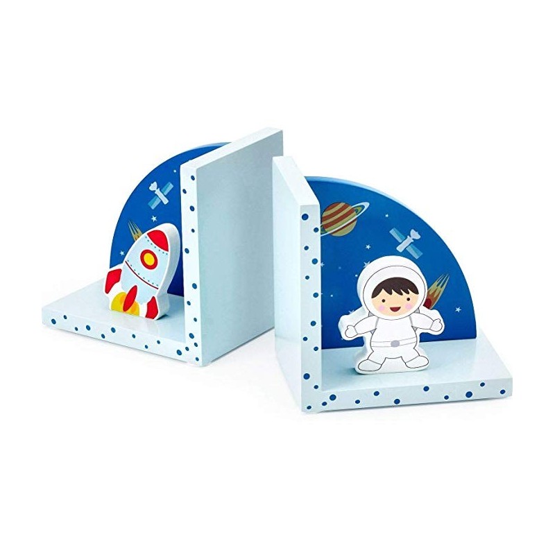 Håndmalet 3D Astronaut & Rumskibs Bogstøtter - Blå